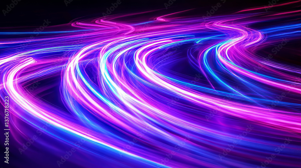 Poster futuristic abstract neon waves. twisted lines with shallow depth of field. 3d illustration in purple