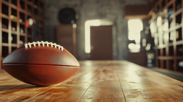 American football on wooden table in locker room with equipment in background. - Powered by Adobe
