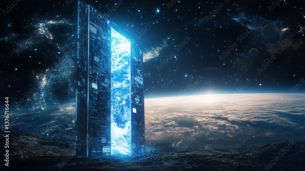 Aufkleber high technology in space. portal 3d illustration. space and time, global digital database in cybersp