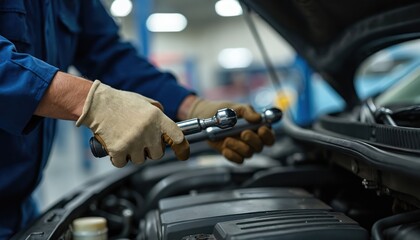 Obraz premium Auto mechanic repairs car engine with socket wrench. Technician wearing work gloves checks vehicle engine during maintenance. Repairman performs automotive service and vehicle inspection in garage.