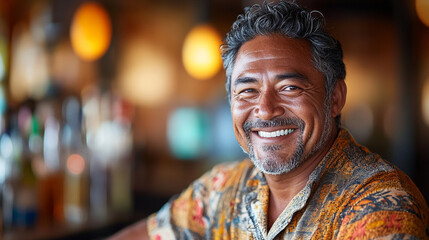 Obraz premium Smiling man in a tropical bar setting with vibrant decor