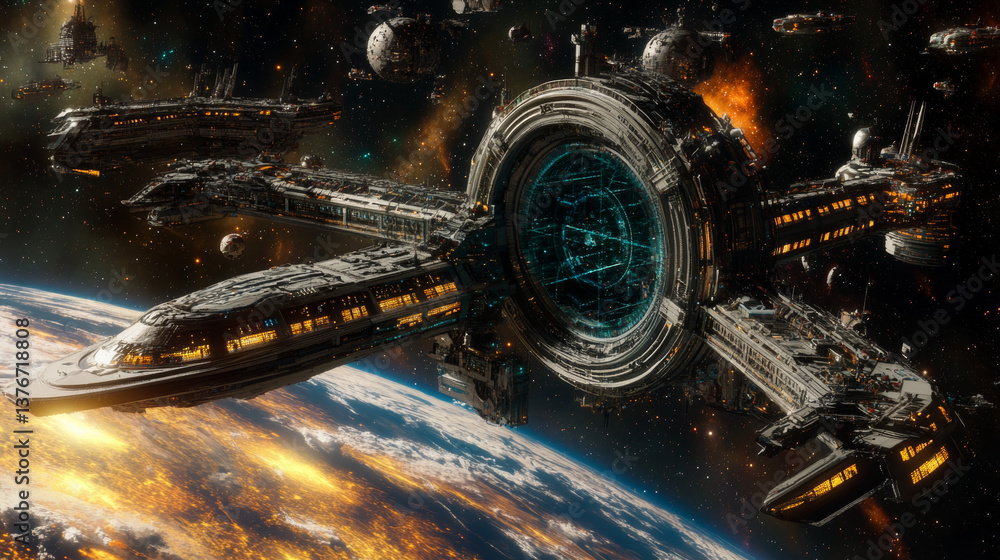 Poster high technology in space. portal 3d illustration. space and time, global digital database in cybersp