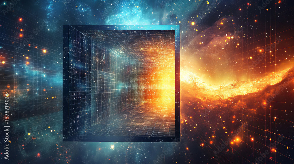 Aufkleber high technology in space. portal 3d illustration. space and time, global digital database in cybersp