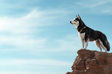 A Siberian husky with black and white fur and bright blue eyes stands proudly on a mountain, surrounded by a breathtaking landscape of forests and peaks