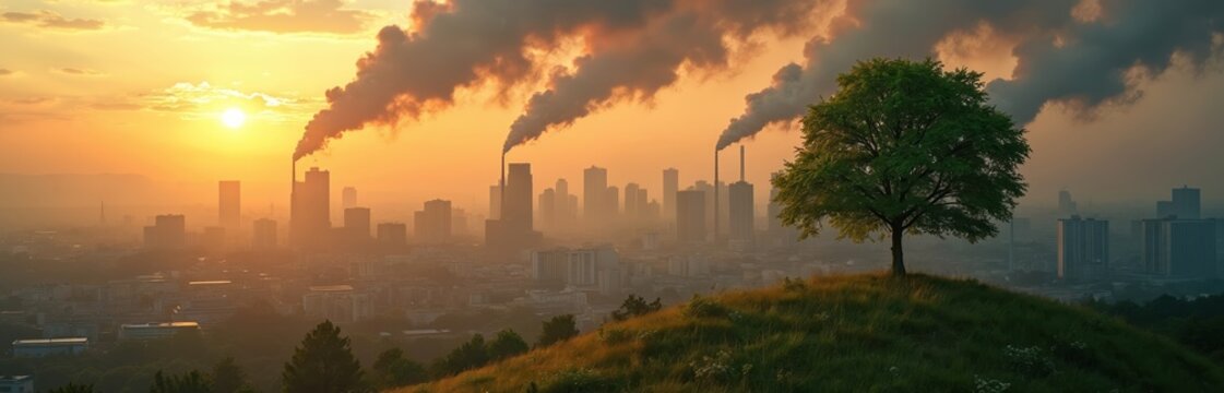 City skyline industrial pollution concept. Tree on hill, clean energy eco-friendly concept, reducing carbon emissions. Green tree clean energy, nature. Industrial pollution, smog in city