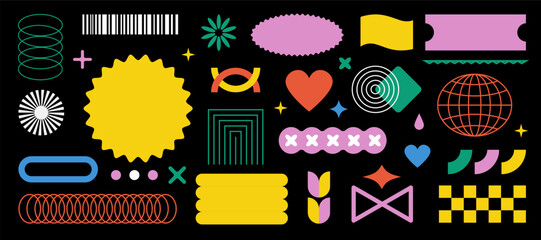 Playful geometric design set. Bright abstract shapes, retro Memphis style elements, wavy patterns, and funky brutalist graphics. Brutalism vibrant aesthetic