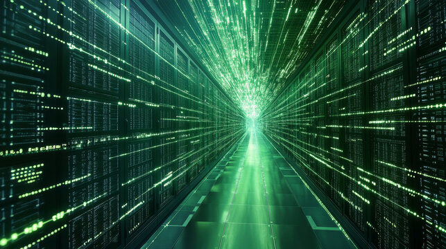 Blockchain in global digital network, quantum computer, nanotechnological circuit, high-tech processor and cybertechnology. 3D illustration of nanostructured data blocks in a secure server