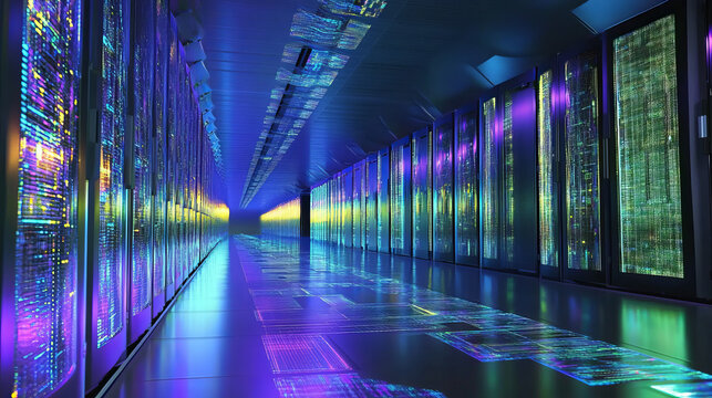 Blockchain in global digital network, quantum computer, nanotechnological circuit, high-tech processor and cybertechnology. 3D illustration of nanostructured data blocks in a secure server