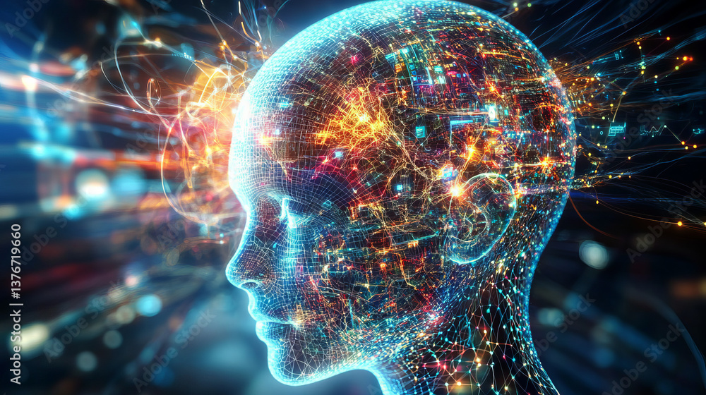 Poster cyberspace and digital intelligence. high technology business. artificial neural network. data strea