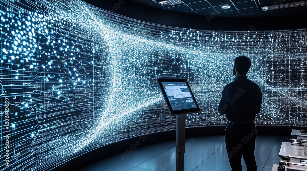 Poster cyberspace and digital intelligence. high technology business. artificial neural network. data strea