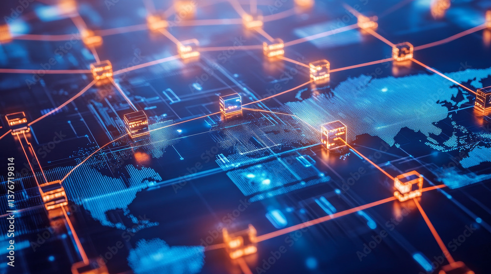 Poster big data, blockchain, hi tech. information flow, decentralized global database structure. 3d illustr