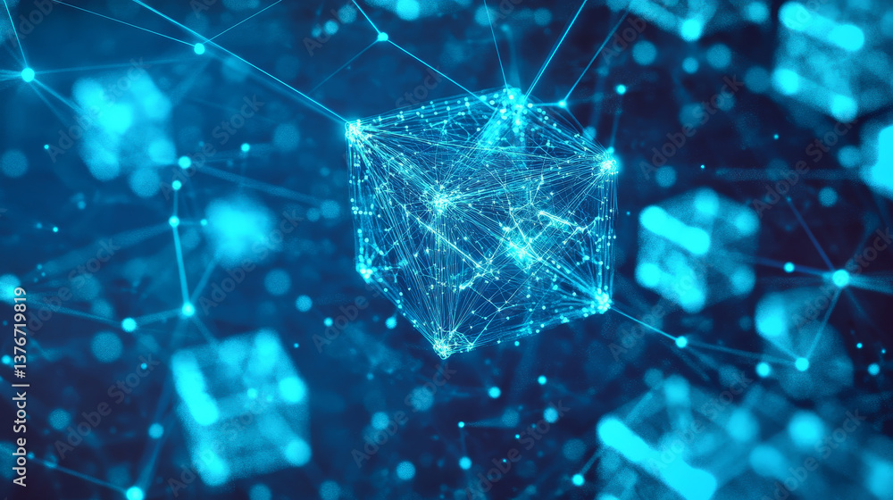 Poster big data, blockchain, hi tech. information flow, decentralized global database structure. 3d illustr