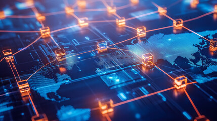 Big Data, Blockchain, hi tech. Information flow, decentralized global database structure. 3D illustration of nanotech cubes in cyberspace