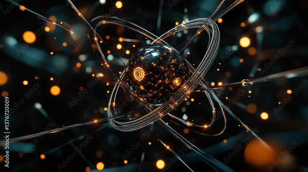 Poster high tech. study of structure of atom. nuclear physics and internet technologies. 3d illustration of