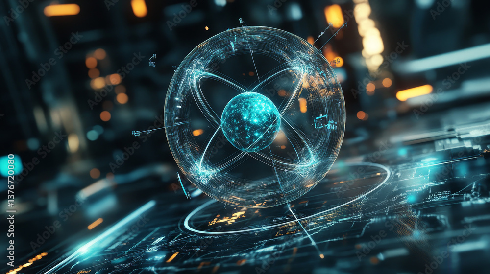 Aufkleber high tech. study of structure of atom. nuclear physics and internet technologies. 3d illustration of