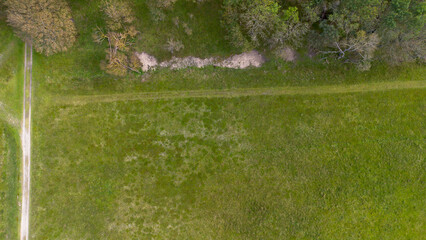 Aerial view of a grassy landscape with intersecting dirt paths, surrounded by scattered trees and open green fields, capturing a tranquil and natural outdoor scene.