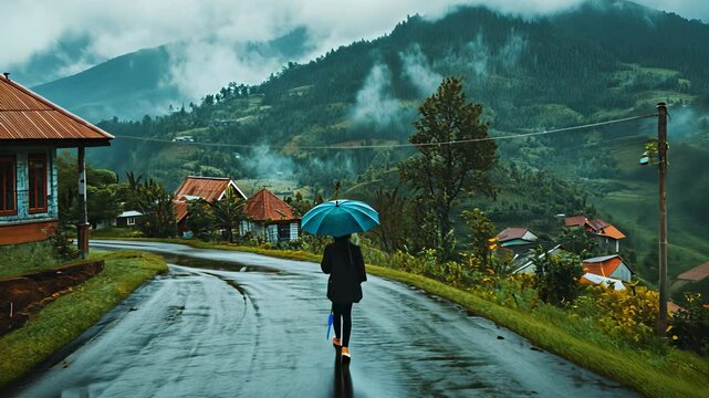 Walking along a misty road with an umbrella in a mountain village surrounded by lush greenery