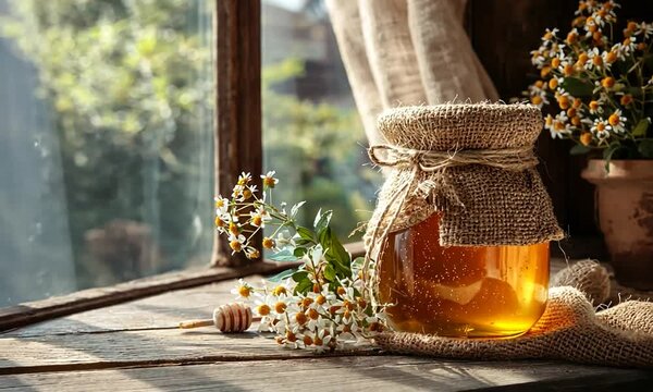 A jar of honey wrapped in burlap sits on a rustic wooden table beside fresh flowers and a honey dipper