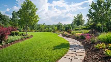 Beautiful Lush Green Lawn Landscape Design with Winding Stone Path Vibrant Flowers and Mature Trees Sunny Day Perfect Garden Scene Natural Beauty park