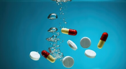 Pills and capsules submerged in water creating bubbles and reflections
