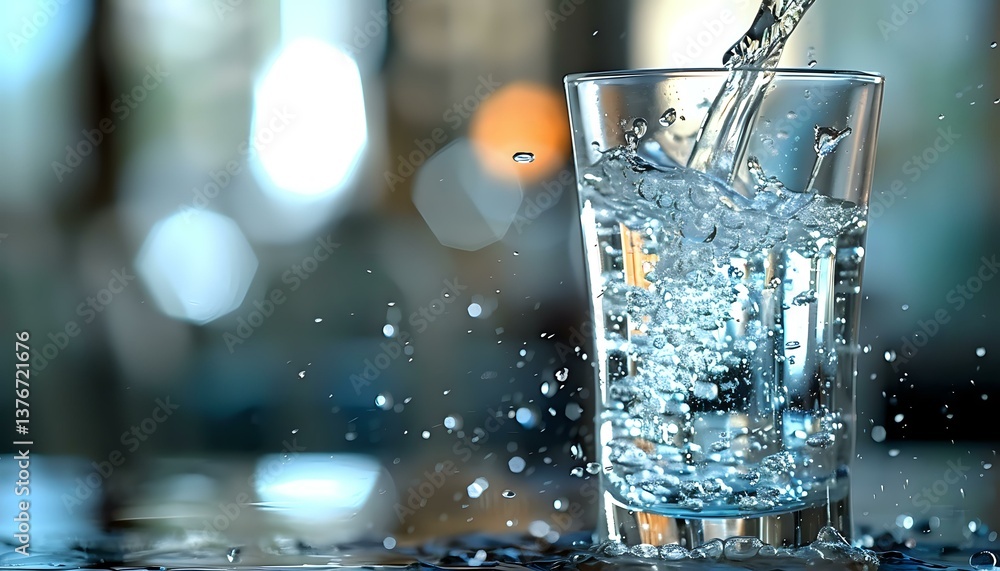 Poster crystal clear water splashing dynamically into drinking glass with dramatic lighting, bokeh backgrou