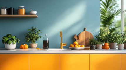 Bright kitchen with orange accents and fresh plants