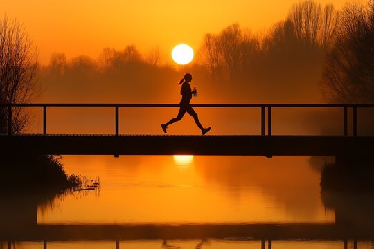 Female jogger running on bridge at sunrise over tranquil lake