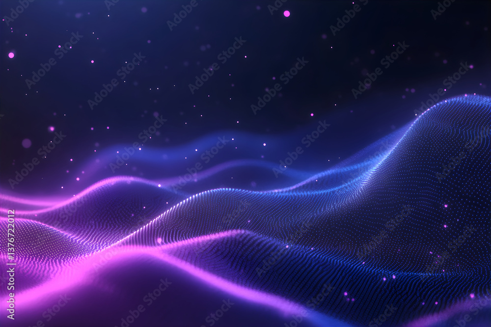 Poster abstract blue wave pattern with glowing particles on dark background. digital technology concept wit