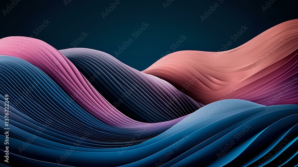 Poster abstract wavy lines creating fluid dynamic shapes in pink and blue gradient colors against dark back