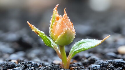 Young orange rosebud with water drops emerging from dark soil in spring garden. Fresh green leaves and delicate petals covered in morning dew create natural macro view.
