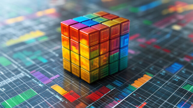 Blockchain and World Internet. Global digital technology. 3D illustration of a cube and an array of data. Calculations and analytics of business risks