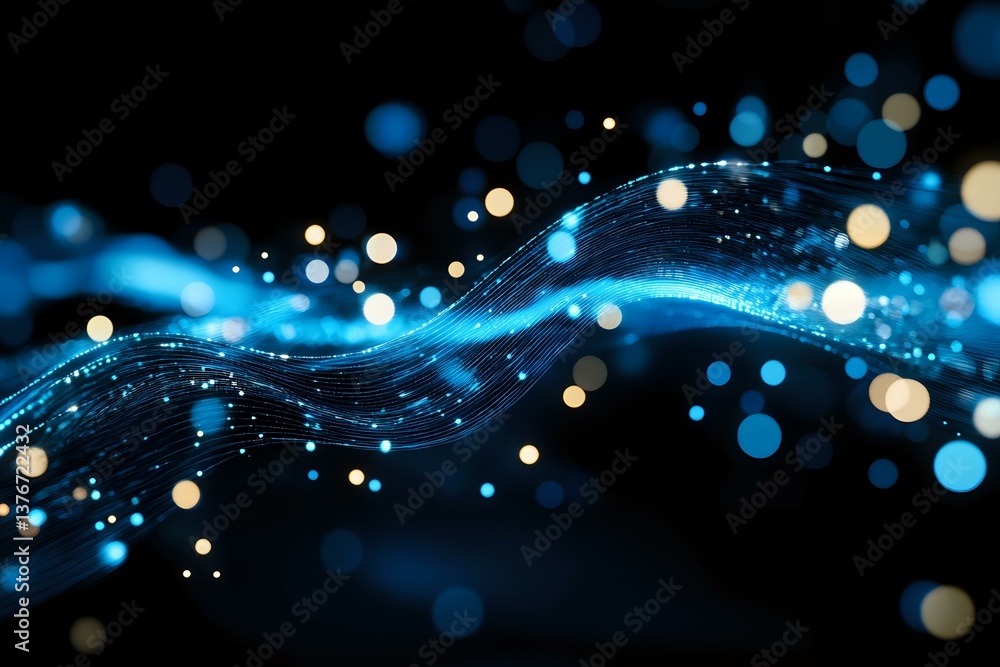 Poster glowing blue wave with sparkles and bokeh lights on dark background creates magical atmosphere for a