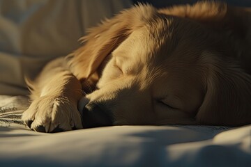 Obraz premium A cozy blanket cradles a sleeping Golden Retriever puppy in this intimate, close-up portrait