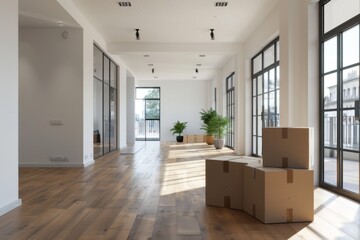 Interior of a modern empty apartment with moving boxes