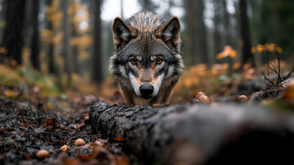 Fototapeta premium The blurred background enhances the sharp focus on the wolf’s face, creating a dramatic and captivating wildlife portrait.