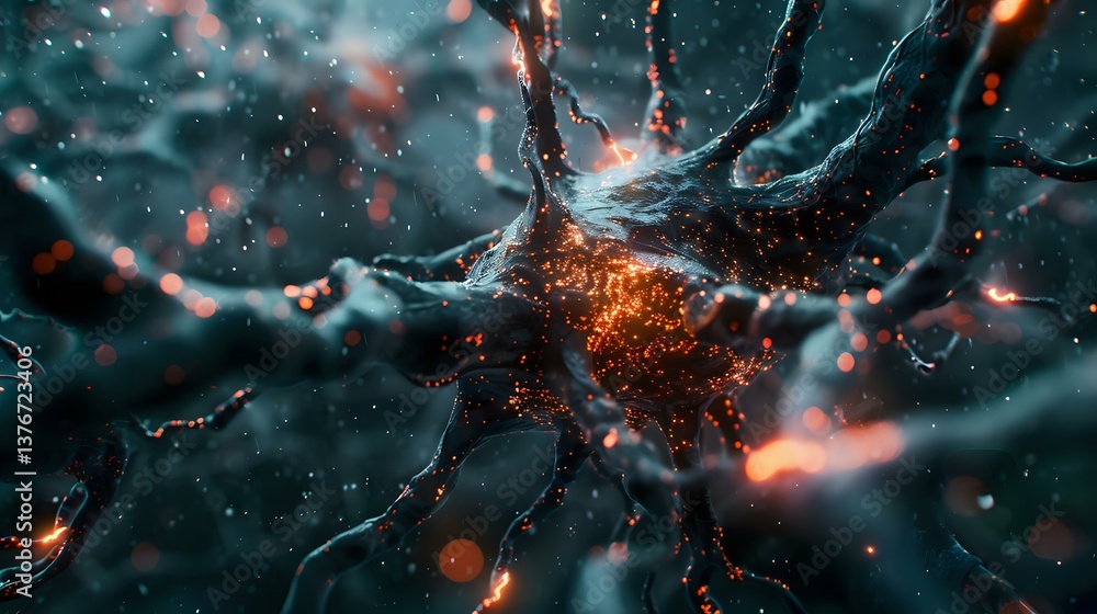 Aufkleber microscopic neuron cell with glowing orange synaptic connections on dark background, showing electri