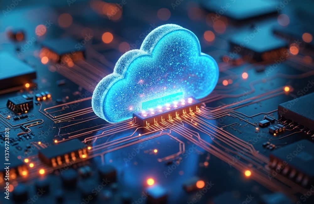 Aufkleber Digital cloud computing data transfer tech concept. Futuristic ai network server storage, online security, database connection. Global cyberspace information innovation. Data transfer and analysis.