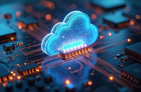 Digital cloud computing data transfer tech concept. Futuristic ai network server storage, online security, database connection. Global cyberspace information innovation. Data transfer and analysis.