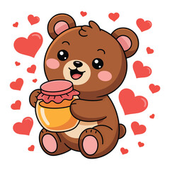 Cute Cartoon Bear Holding a Jar with Heart Shapes for Kids