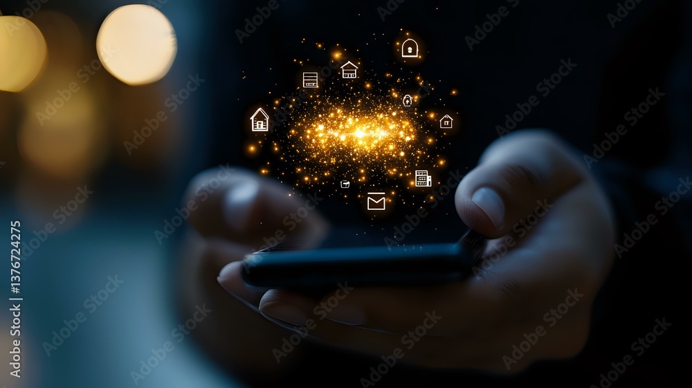 Poster glowing house and message icons floating above smartphone in dark environment with bokeh lights, rep