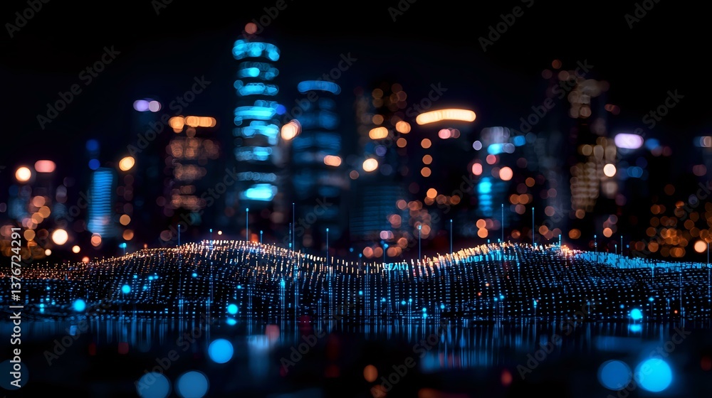 Aufkleber glowing blue wave visualization against blurred urban night skyline with bokeh lights creates futuri