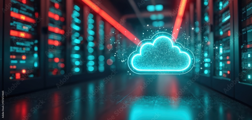 Fototapete Illustration cloud data center concept shows data transfer and server migration. Cloud computing infrastructure, server room, digital transformation, business technology solutions.