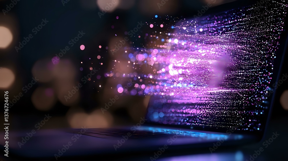 Poster glowing purple and blue particles emanating from laptop screen with bokeh effect in dark room, creat