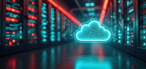 Illustration cloud data center concept shows data transfer and server migration. Cloud computing infrastructure, server room, digital transformation, business technology solutions.