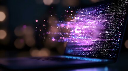 Glowing purple and blue particles emanating from laptop screen with bokeh effect in dark room, creating magical digital transformation atmosphere.