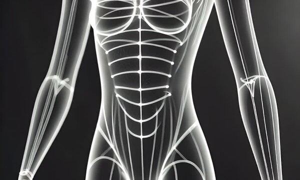 Human anatomy. Transparent figure with skeletal structure and body lines on a dark background