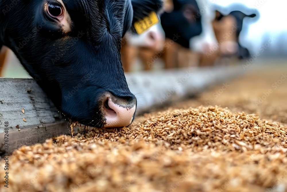 Poster close-up of black dairy cow eating grain feed from trough on farm, showing detailed nose and mouth w