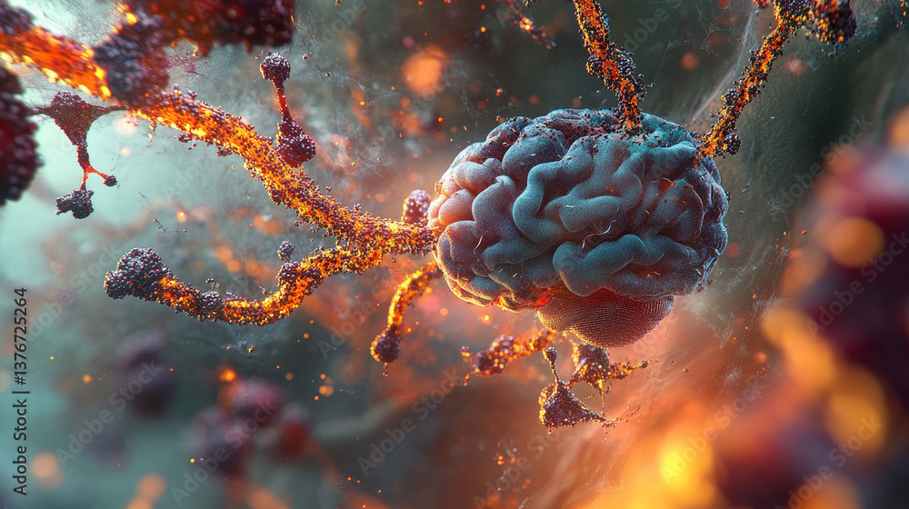 Poster neural networks. nanotechnology in the study of the human brain. 3d illustration on the theme of art