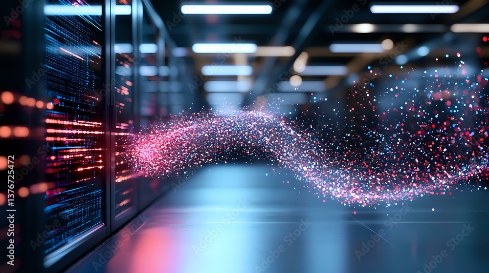 Poster glowing pink particle wave flowing through modern data center with server racks, representing digita