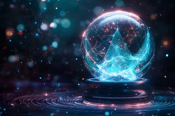 Futuristic holographic crystal ball with digital network patterns in cosmic setting